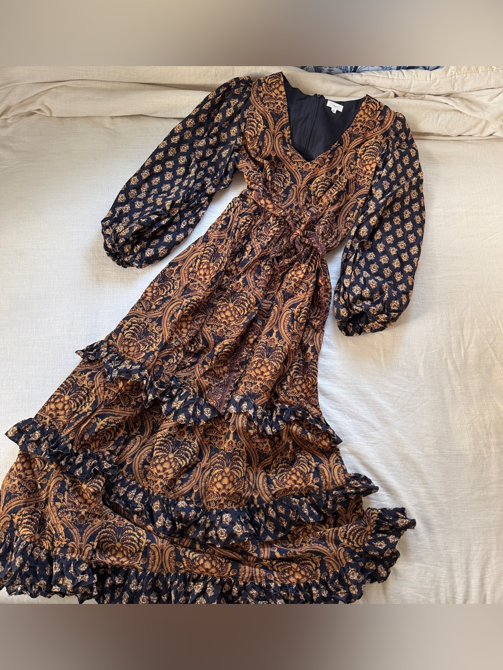 A Loves A Paisley Cotton Maxi Dress L Boho Romantic Tiered Ruffle Balloon Sleeve - Picture 8 of 12